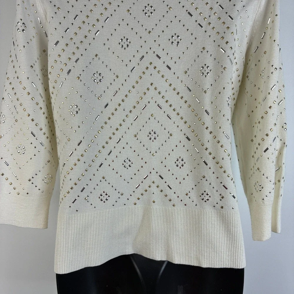 White House Black Market Ecru Size Small Embellished Cardigan‎ Cream  3/4 Sleeve